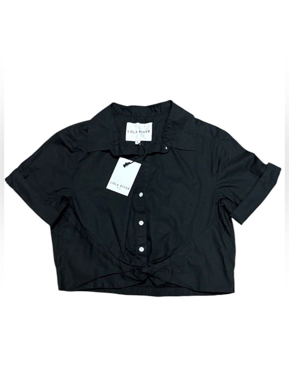 NWT Lola River Merlin Black Twist Front Cropped Button-Up Shirt Top Size Small